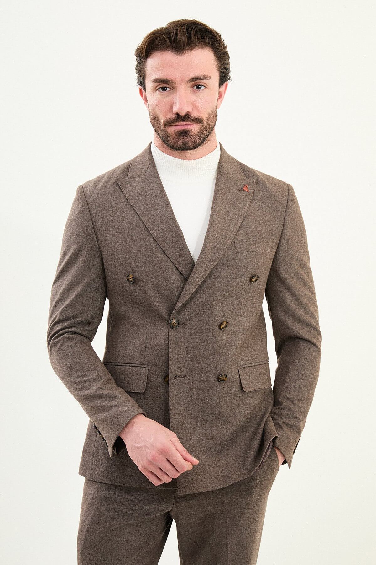 Men’s coffee brown mélange slim-fit double-breasted wool-blend suit with peak lapels, tortoiseshell buttons, and red origami lapel pin.