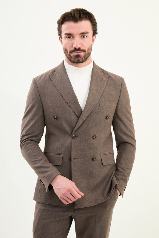 Men’s coffee brown mélange slim-fit double-breasted wool-blend suit with peak lapels, tortoiseshell buttons, and red origami lapel pin.