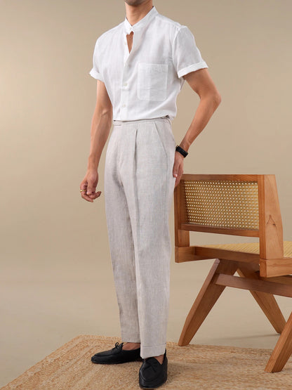 Band Collar Style Cotton-Linen Blend Short-Sleeve Casual Shirt for Men