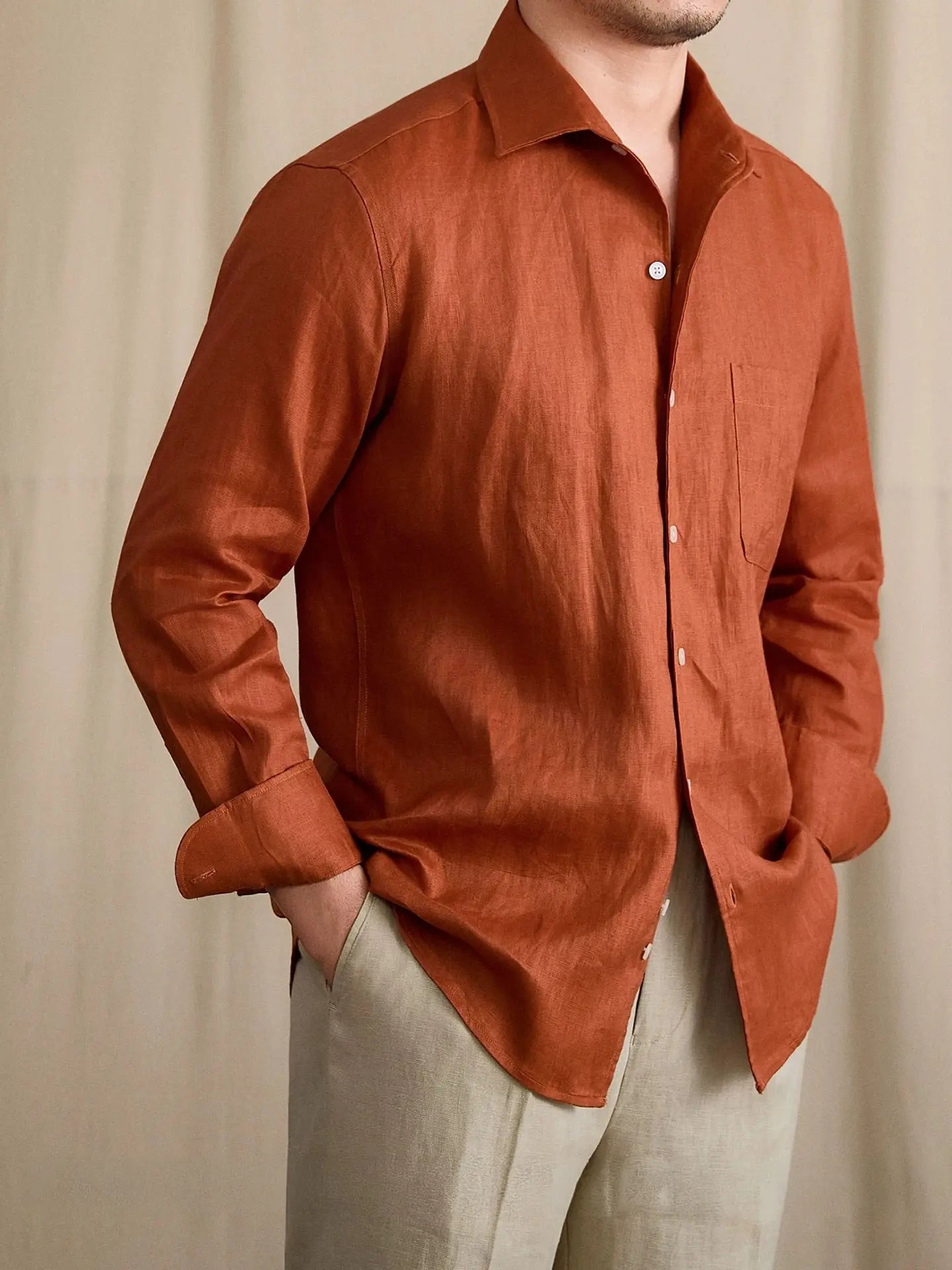 Summer Breathable Linen One-Piece Collar Men's Shirt