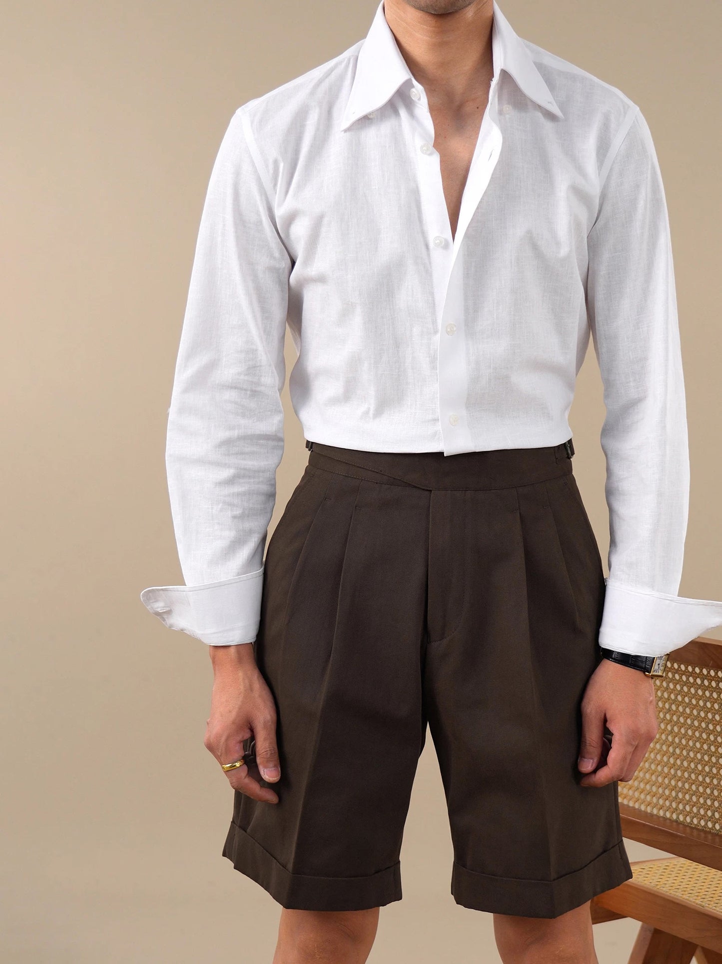 Vintage High-Waist Double-Pleat Straight-Leg Men's Shorts