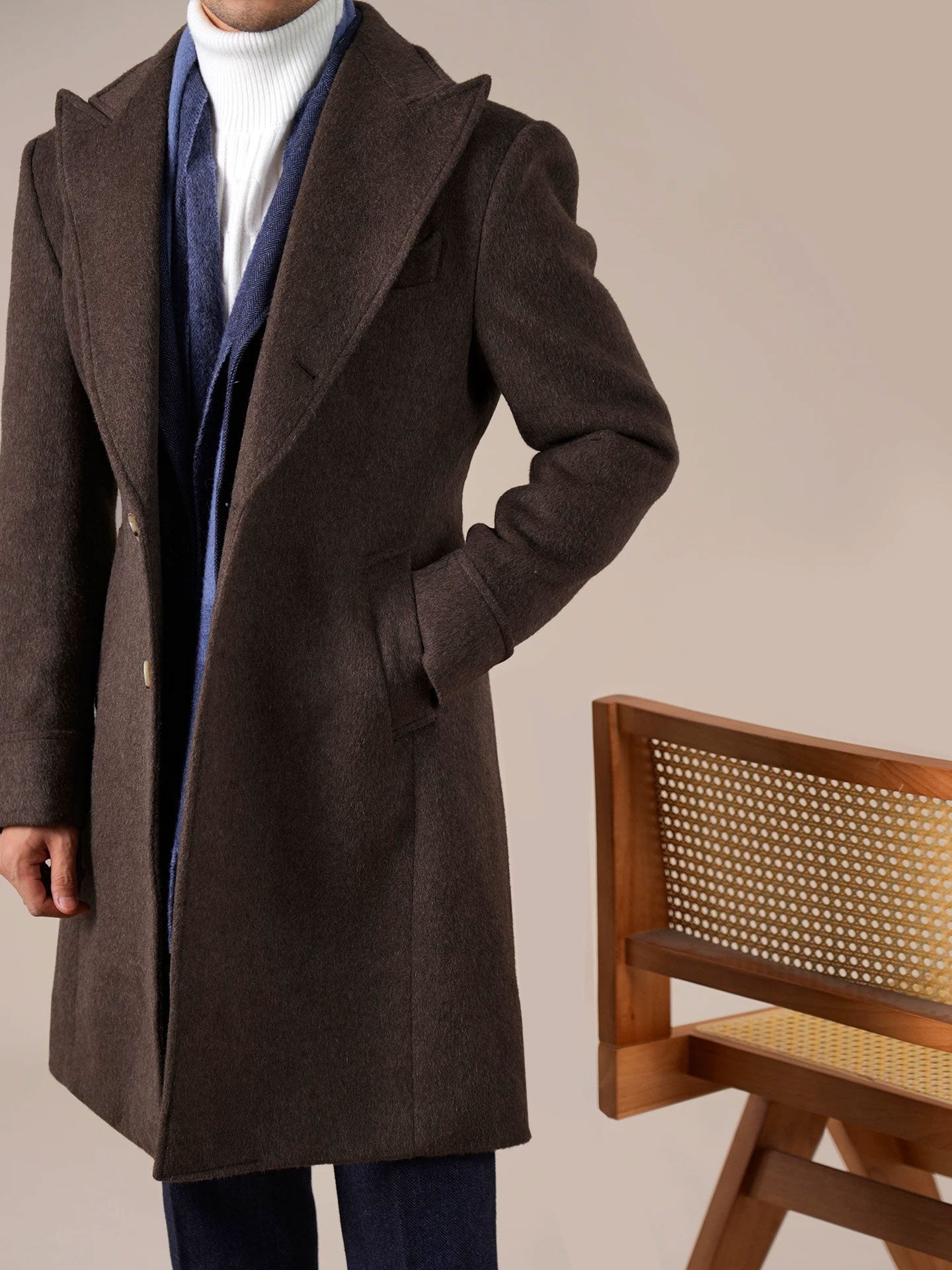 Men's Brown Peak Lapel Chester Overcoat - BRABION