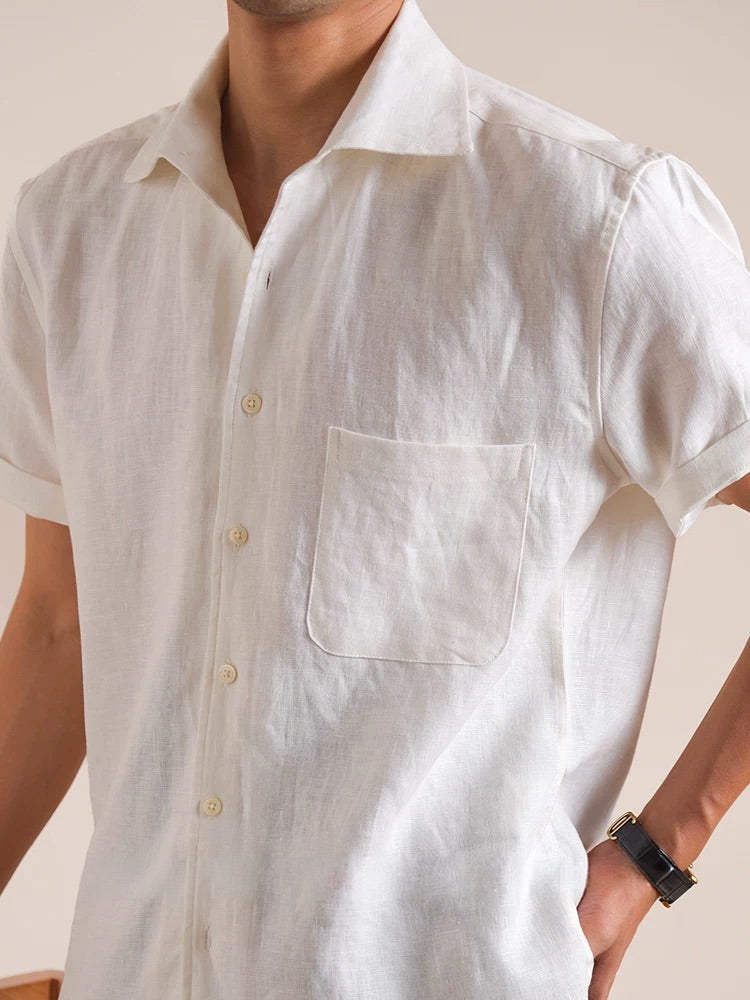 Linen Short-Sleeve One-Piece Collar Men's Shirt