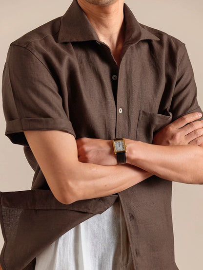 Linen Short-Sleeve One-Piece Collar Men's Shirt