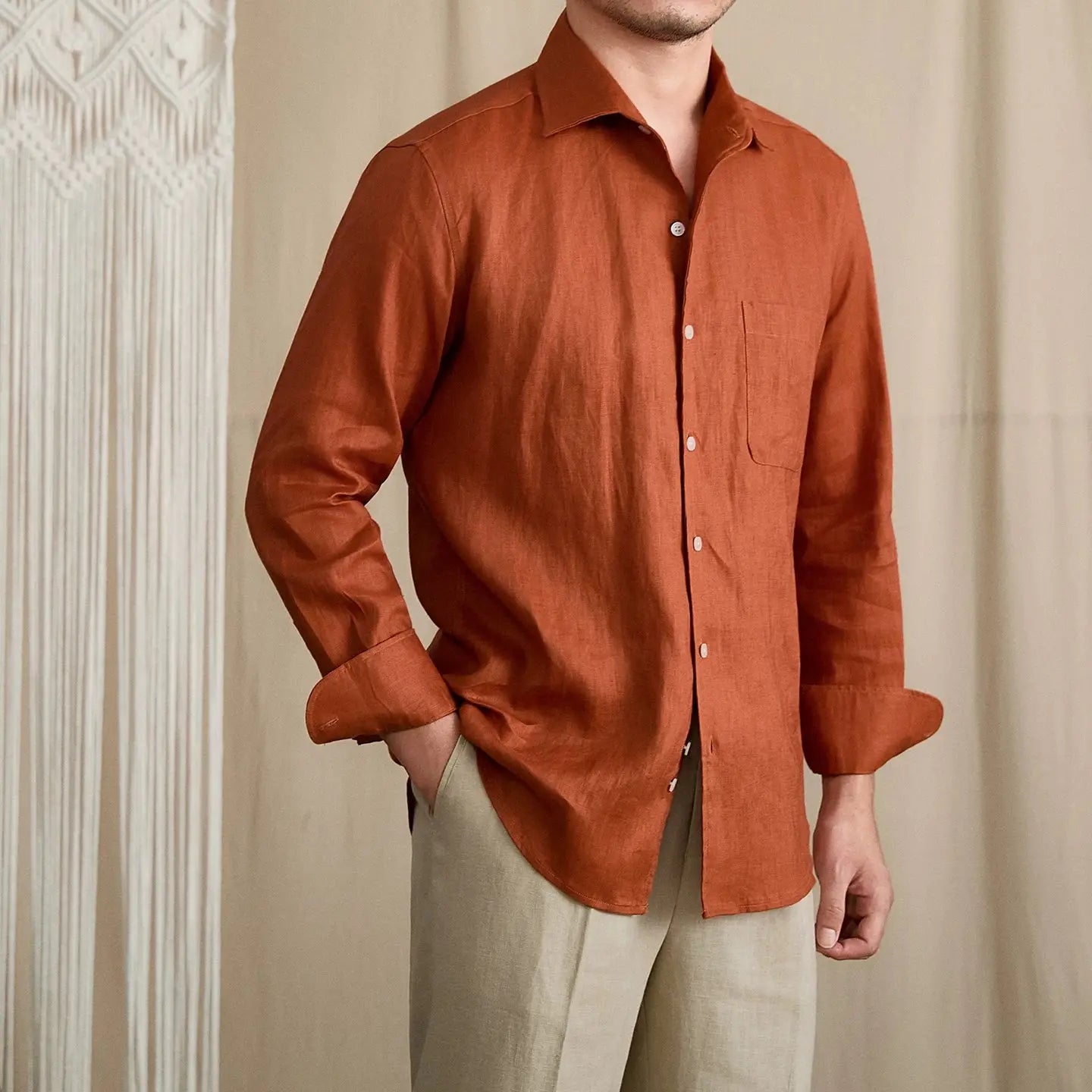 Summer Breathable 100% Linen One-Piece Collar Men's Shirt
