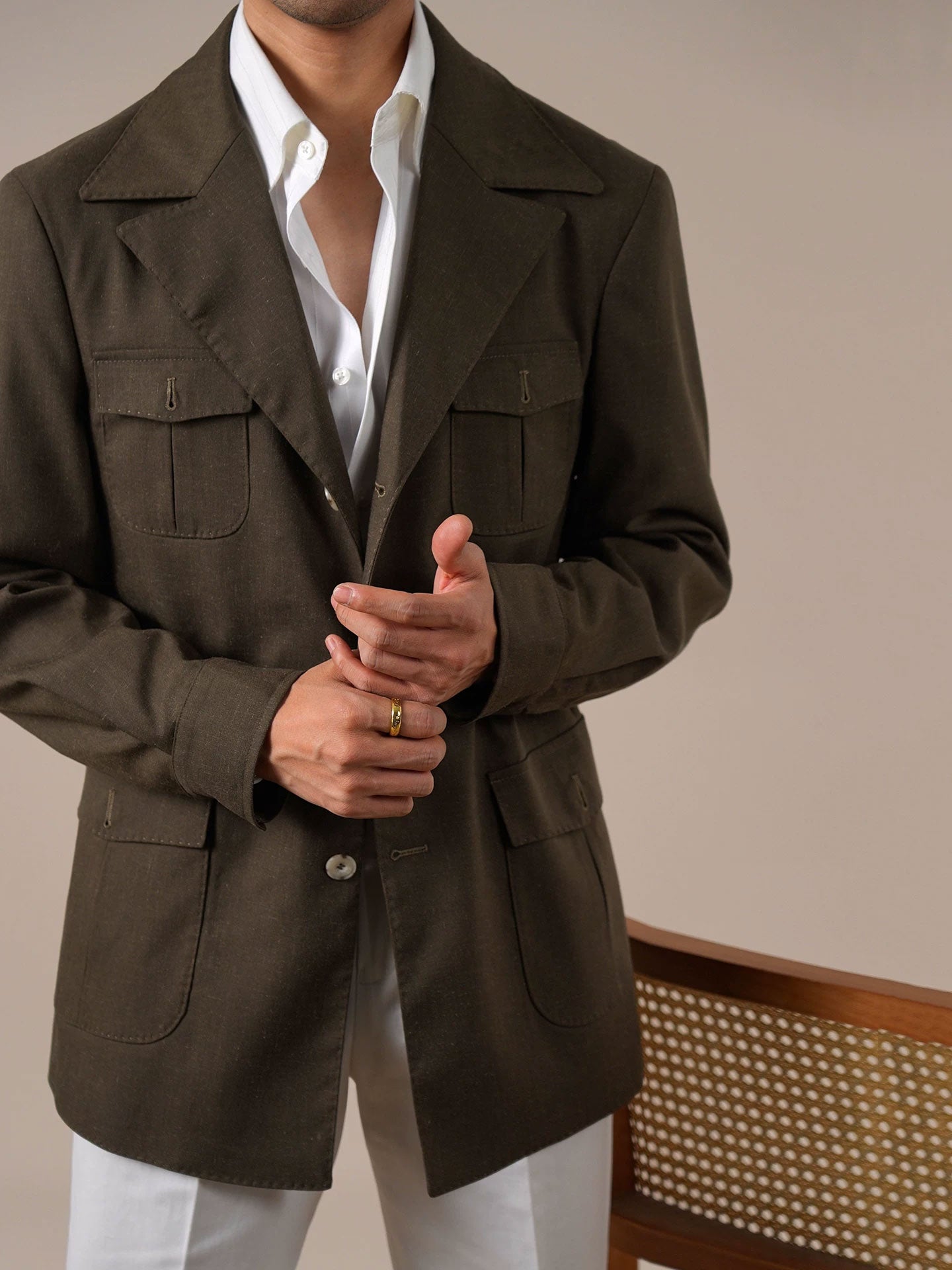 Men’s Vintage Safari Jacket — Slim-Fit Linen Blazer Collar Casual Coat BRABION