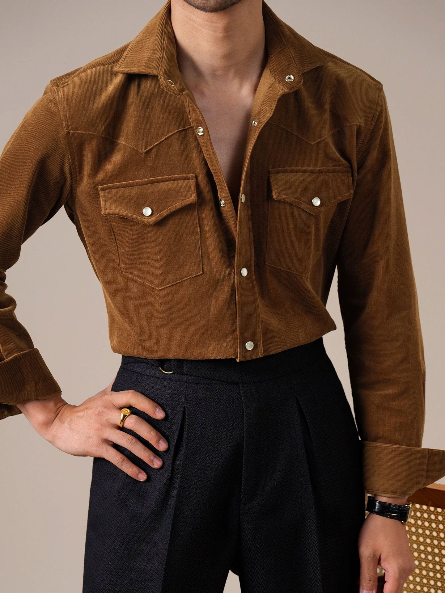 Men’s Corduroy Cotton Dress Shirt — Italian Spread Collar