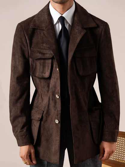 Men’s Suede Hunting Jacket — Slim Fit Belted Suit Collar Coat - BRABION