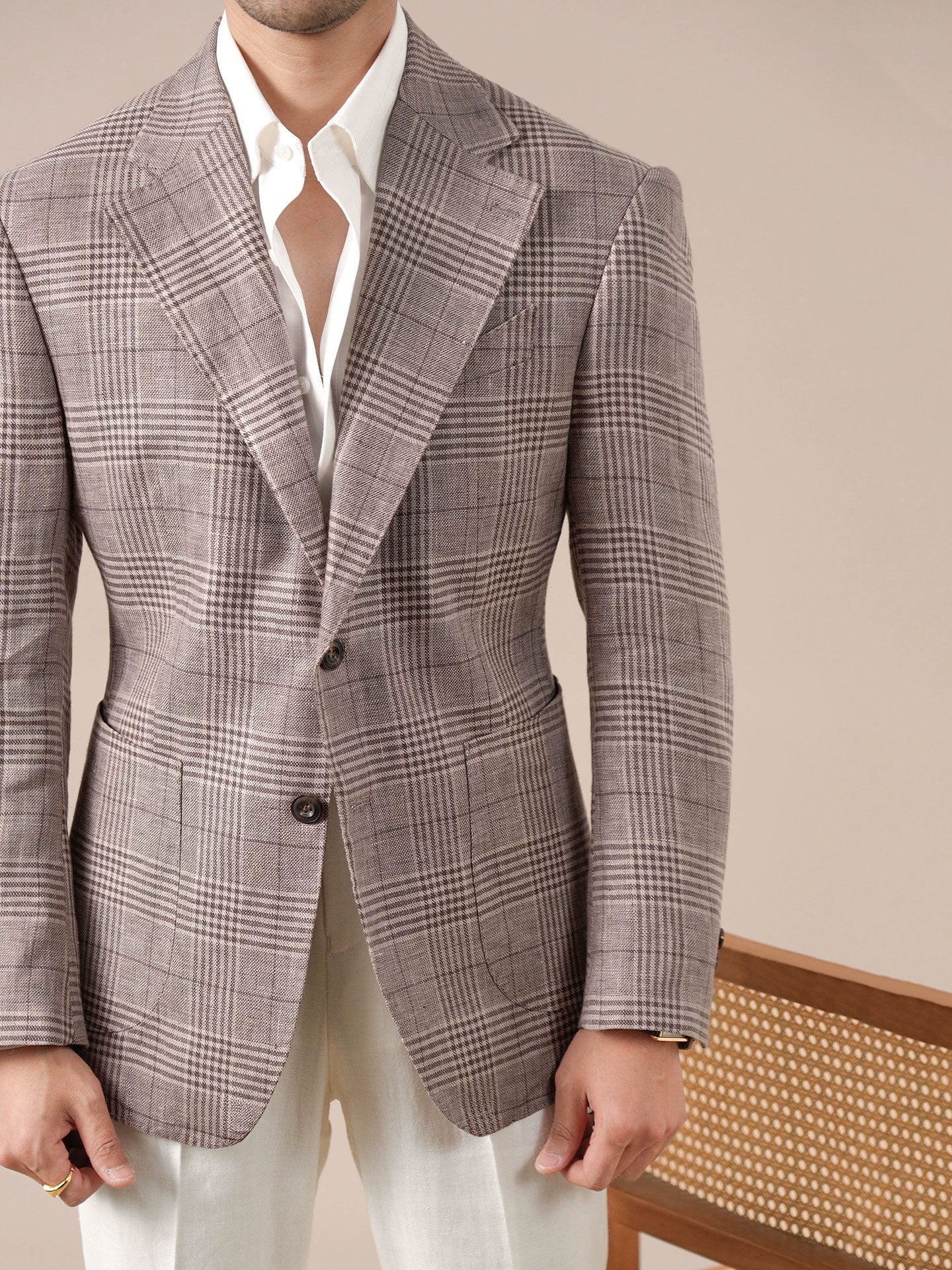 Men's Italian Prince of Wales Check Linen Blazer - BRABION