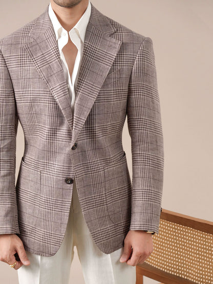 Men's Italian Prince of Wales Check Linen Blazer - BRABION