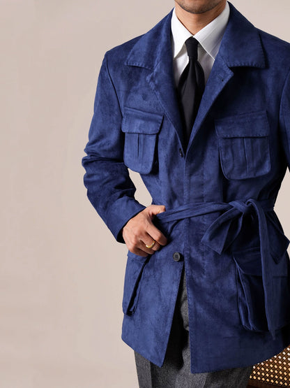 Men’s Suede Hunting Jacket — Slim Fit Belted Suit Collar Coat - BRABION