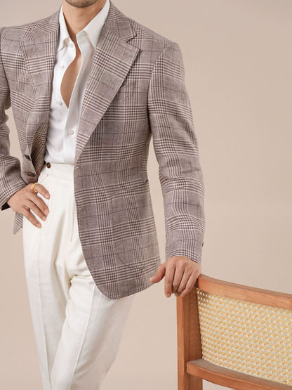Men's Italian Prince of Wales Check Linen Blazer - BRABION
