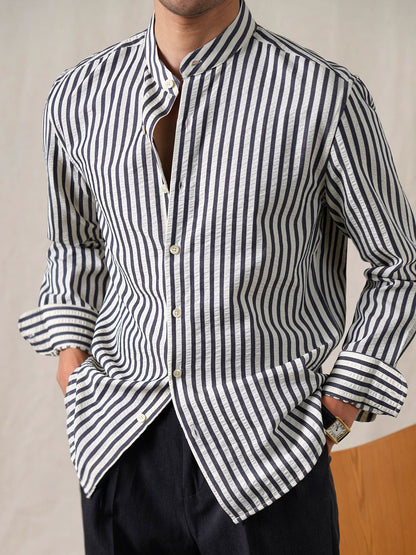 Men’s Seersucker Cotton-Blend Stand Collar Shirt