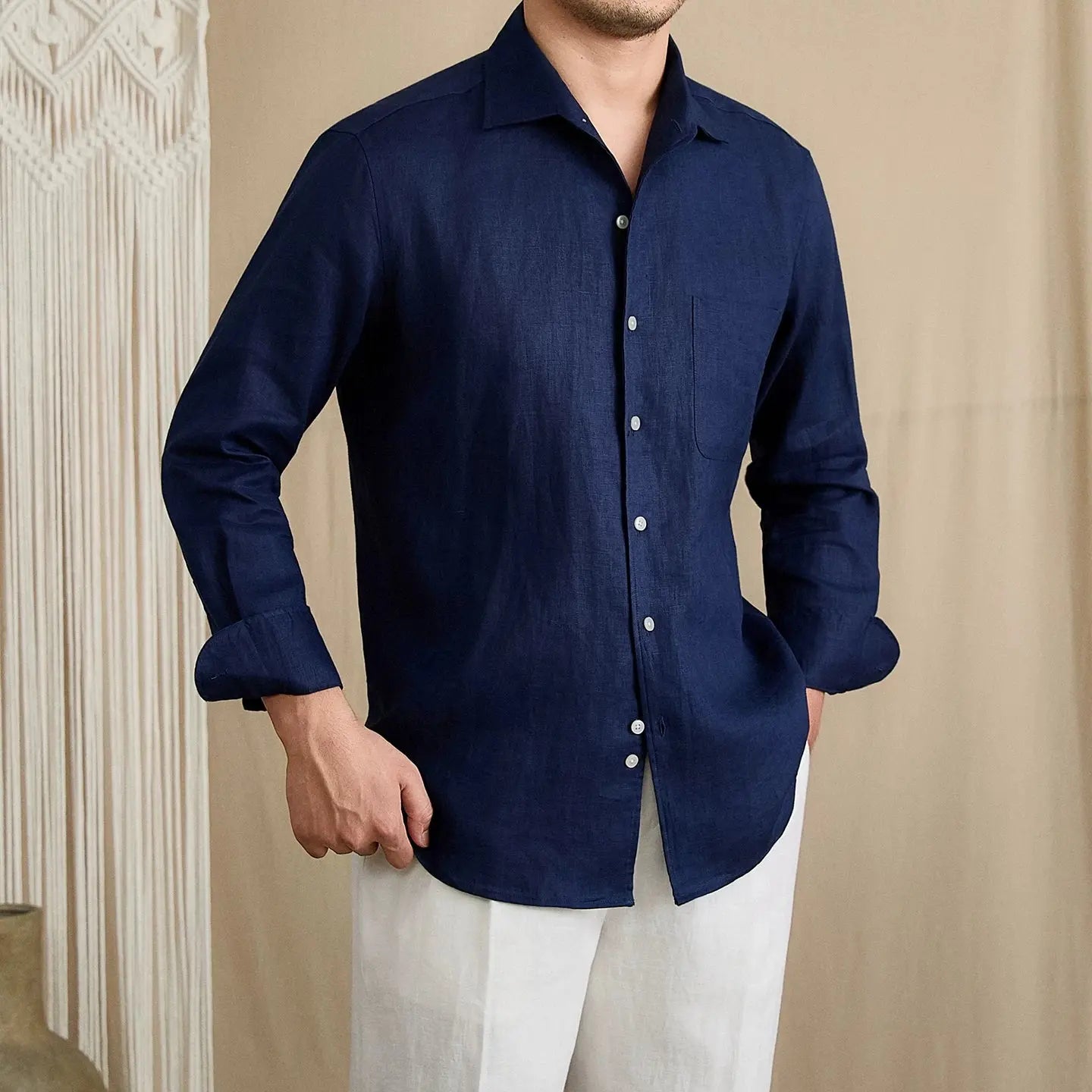 Summer Breathable 100% Linen One-Piece Collar Men's Shirt