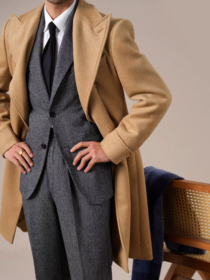 Mens Wool Chester Double Breasted Notched Lapel Coat - BRABION