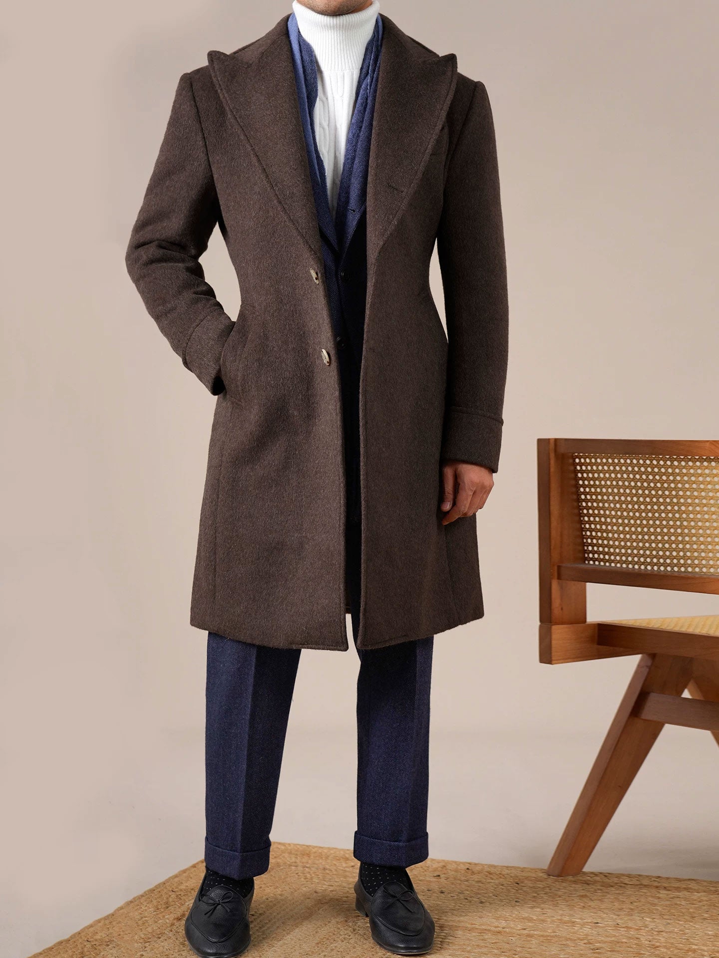 Men's Brown Peak Lapel Chester Overcoat - BRABION