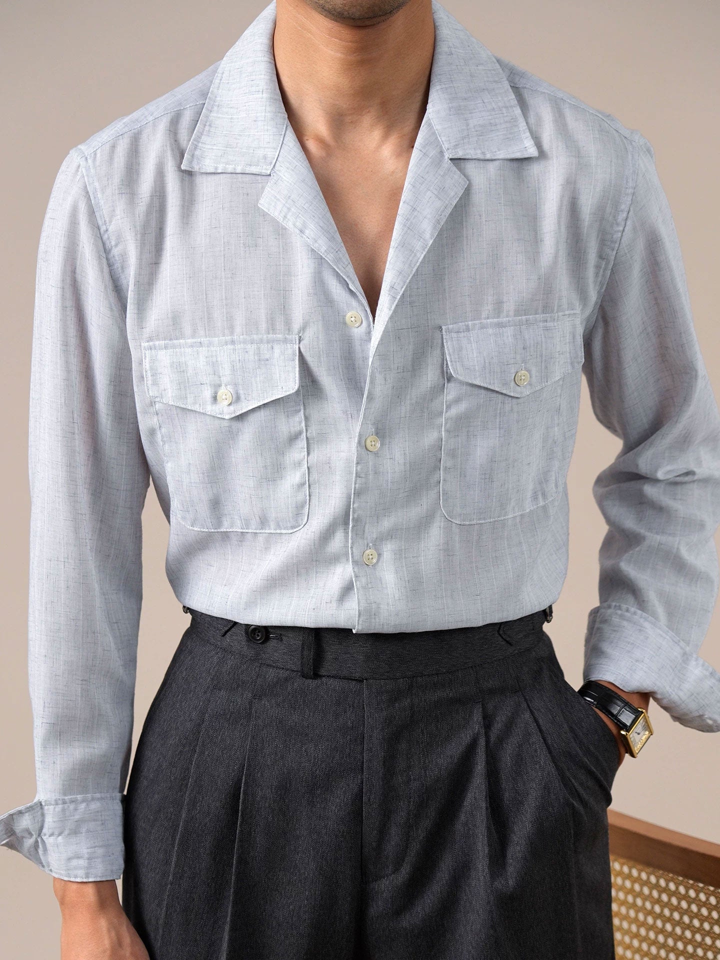 Men's Breathable Linen Blend Cuban Collar Long Sleeve Shirt BRABION