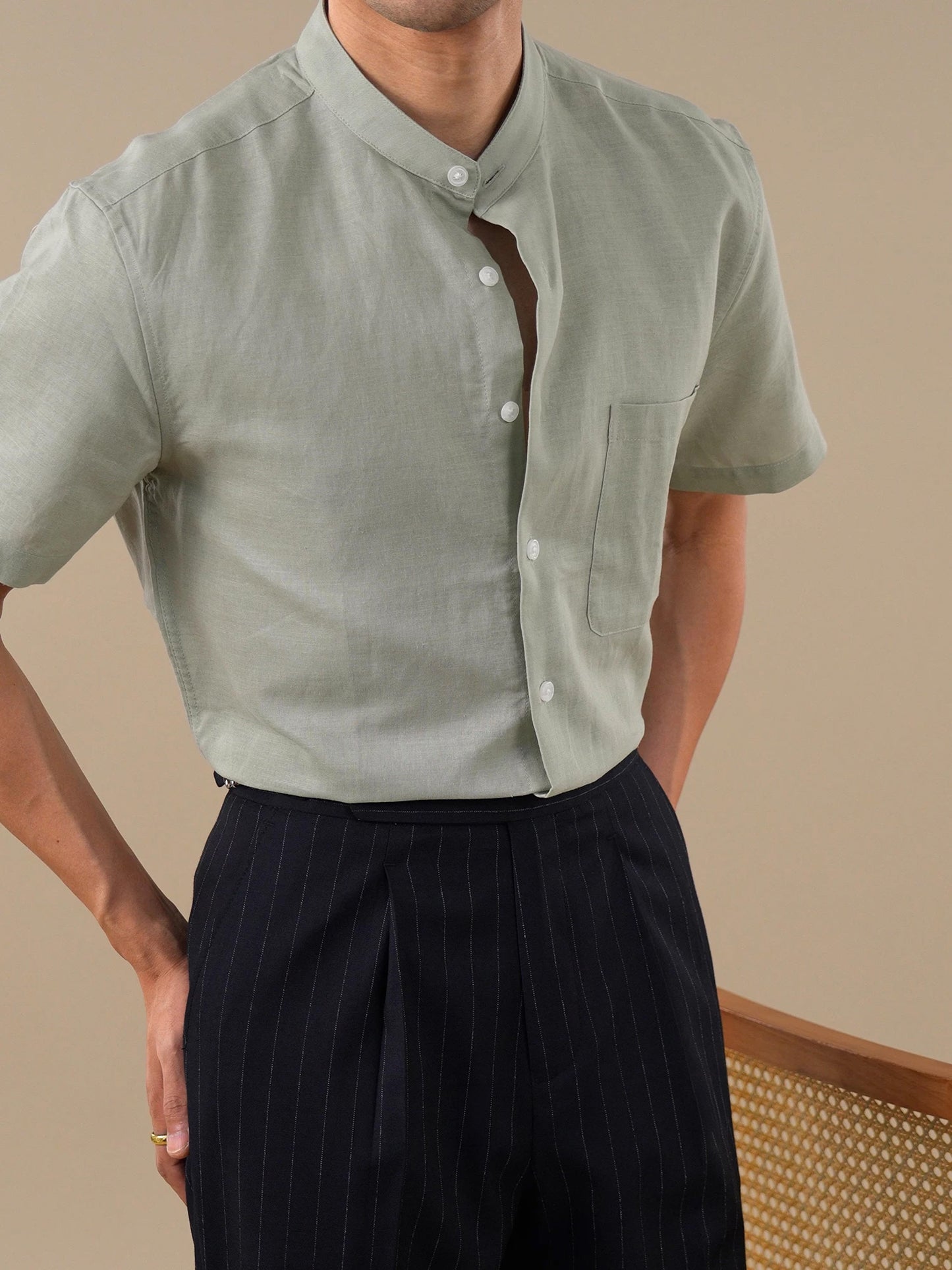 Band Collar Style Cotton-Linen Blend Short-Sleeve Casual Shirt for Men