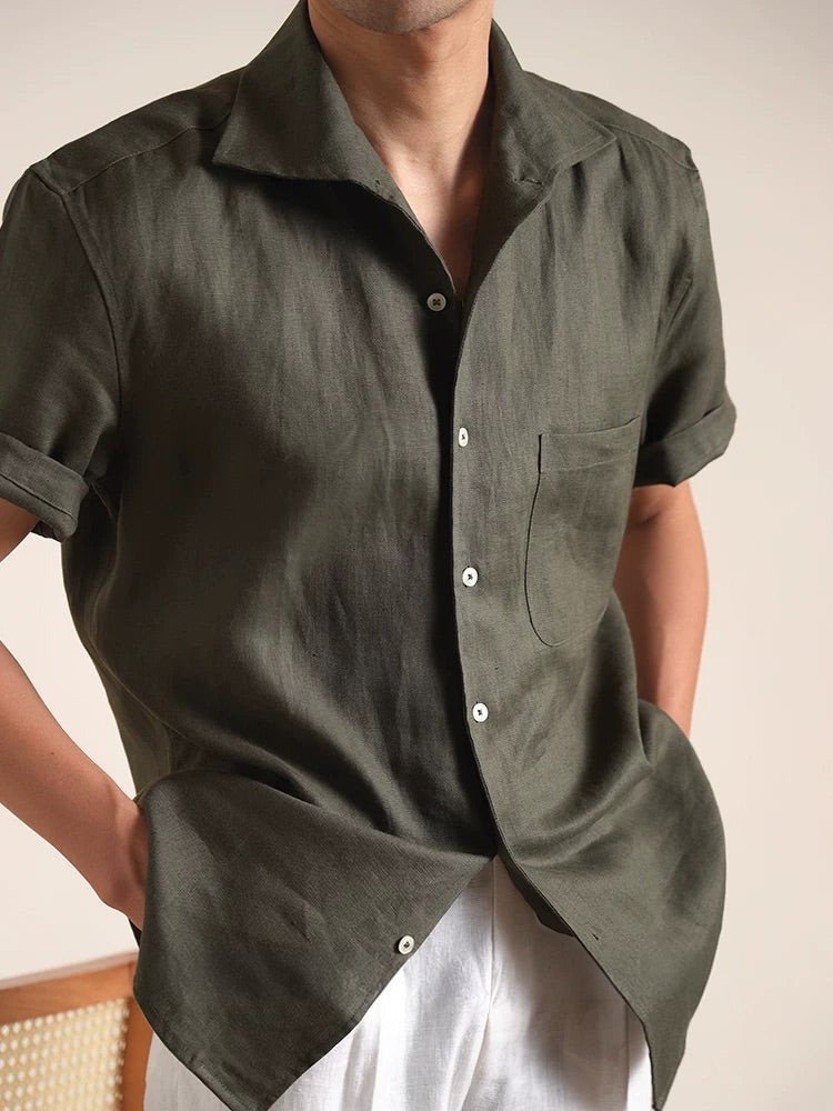 Linen Short-Sleeve One-Piece Collar Men's Shirt