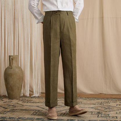 Men's Summer Breathable Pure Linen High-Waisted Trousers