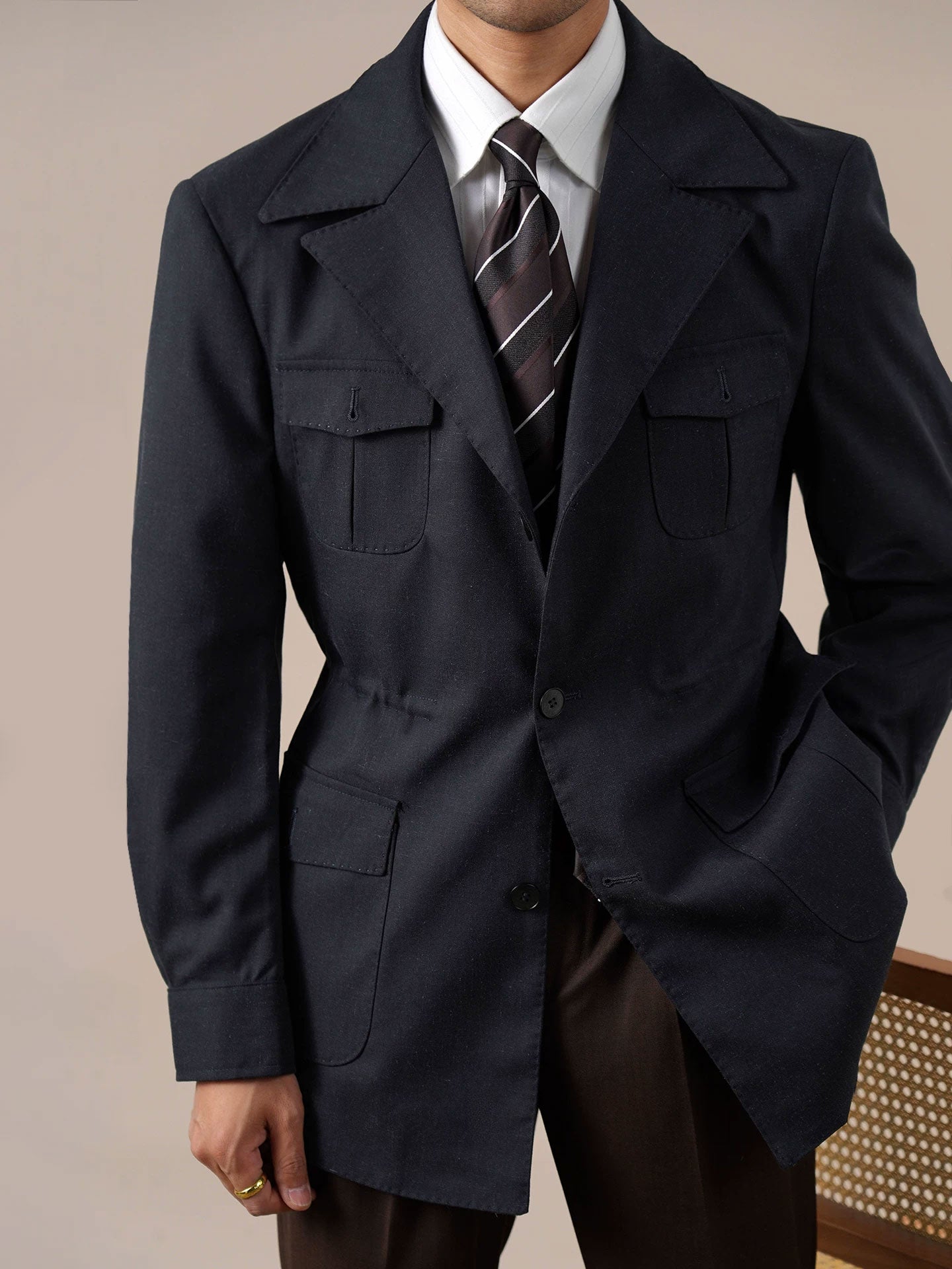 Men’s Vintage Safari Jacket — Slim-Fit Linen Blazer Collar Casual Coat BRABION