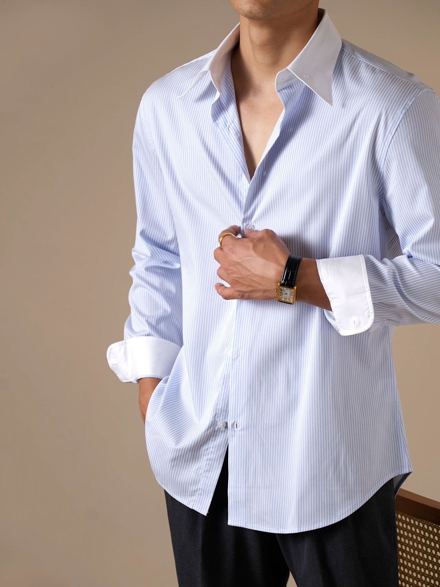 Men’s Wrinkle-Free Modal Patchwork Striped Dress Shirt