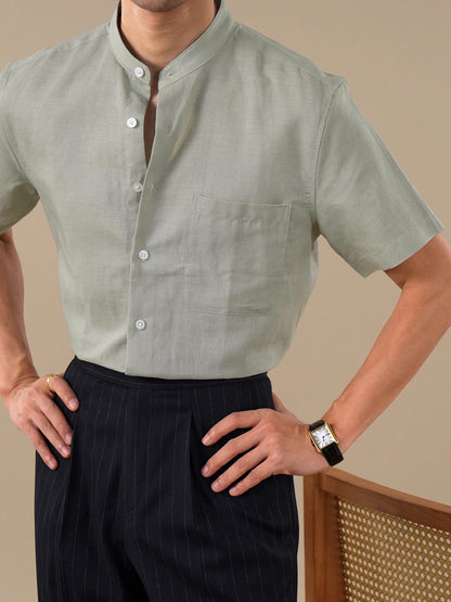 Band Collar Style Cotton-Linen Blend Short-Sleeve Casual Shirt for Men