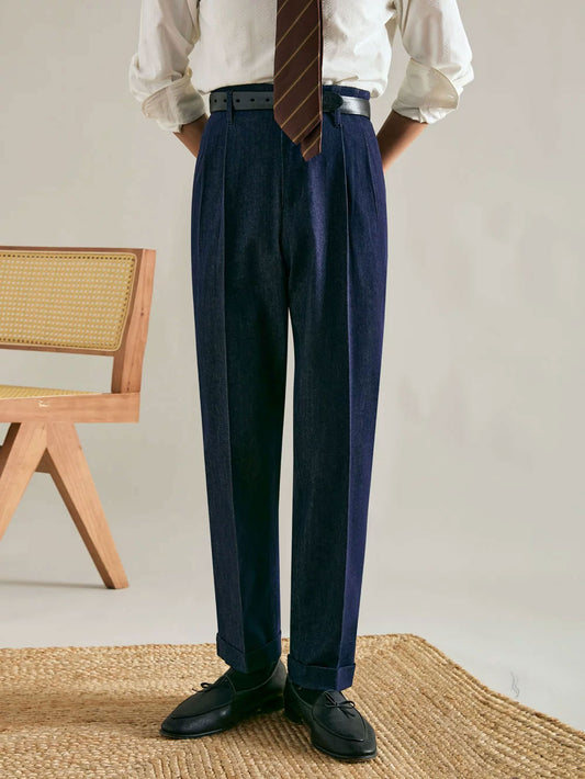 Men’s Double-Pleated Straight-Leg Vintage Jeans - BRABION