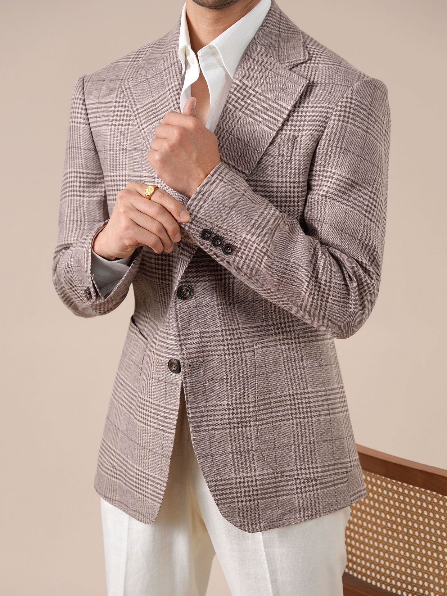Men's Italian Prince of Wales Check Linen Blazer - BRABION