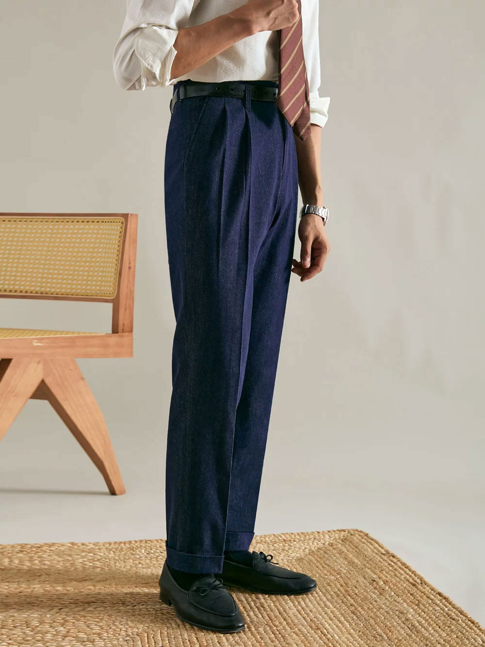 Men’s Double-Pleated Straight-Leg Vintage Jeans - BRABION
