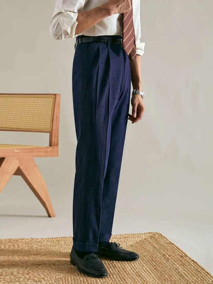Men’s Double-Pleated Straight-Leg Vintage Jeans - BRABION
