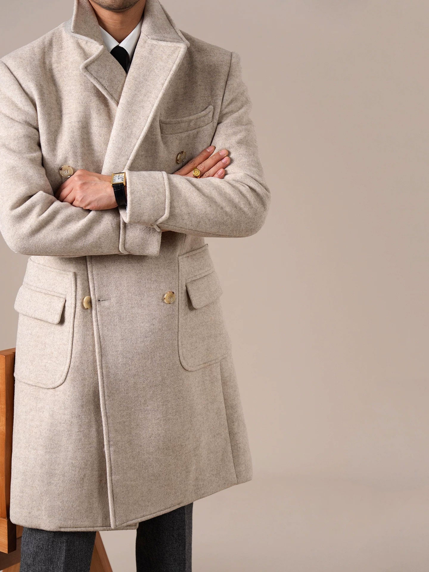Mens Double-Breasted Ulster Collar Wool Coat - BRABION