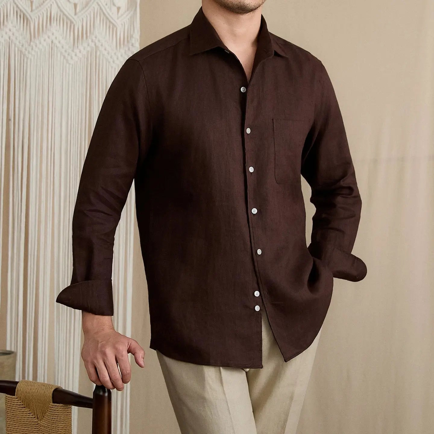 Summer Breathable 100% Linen One-Piece Collar Men's Shirt