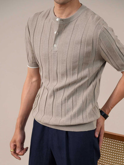 Men's Cotton&Linen Knit Ribbed Henley Polo Shirt BRABION