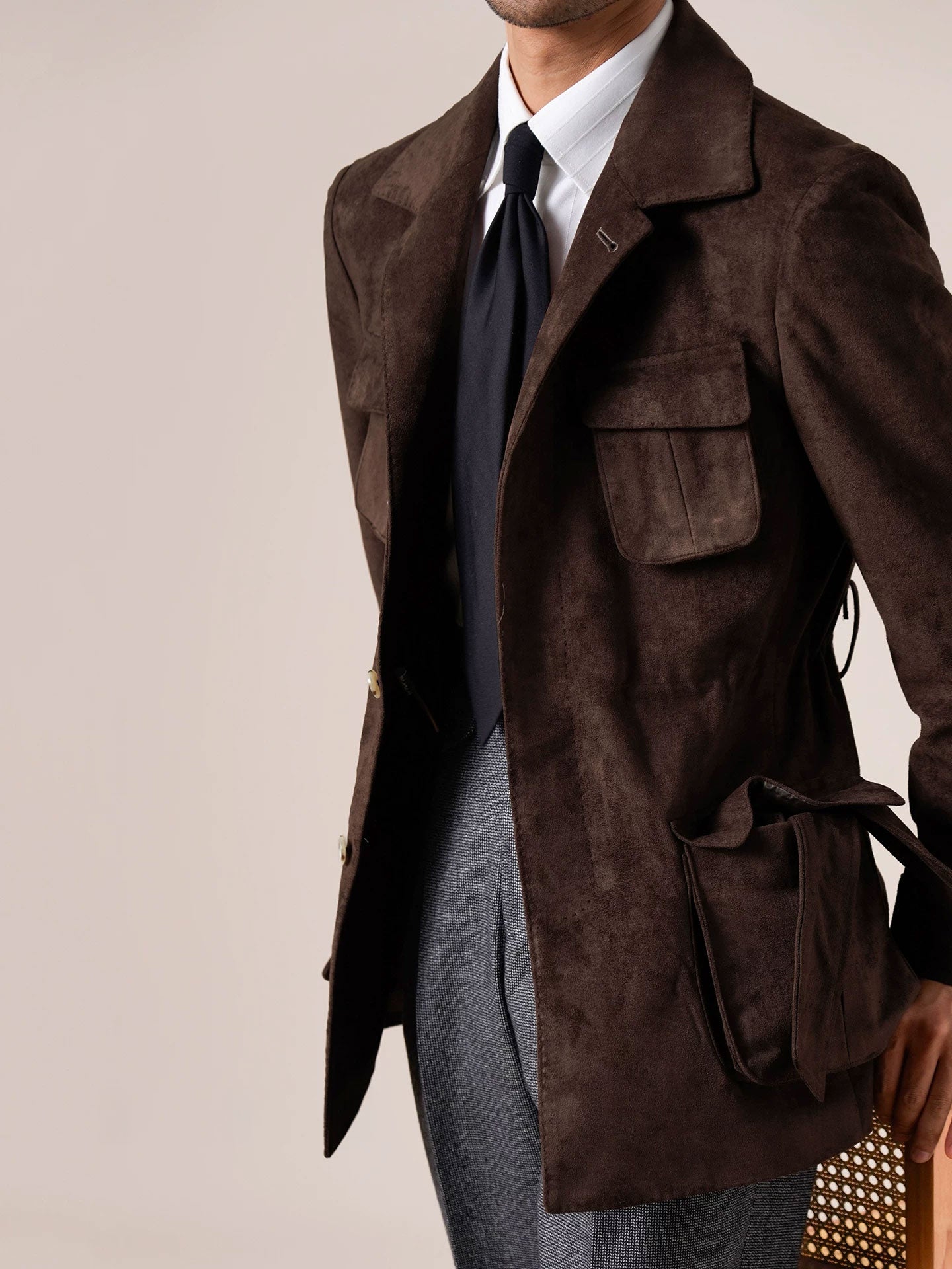 Men’s Suede Hunting Jacket — Slim Fit Belted Suit Collar Coat - BRABION