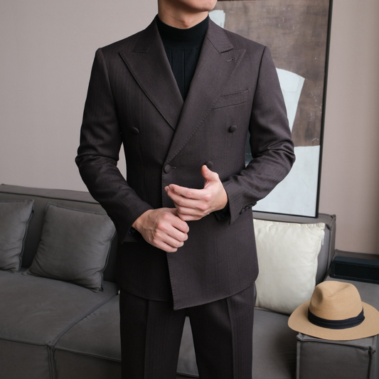 Double-Breasted Suit with Fabric Buttons and Peak Lapel