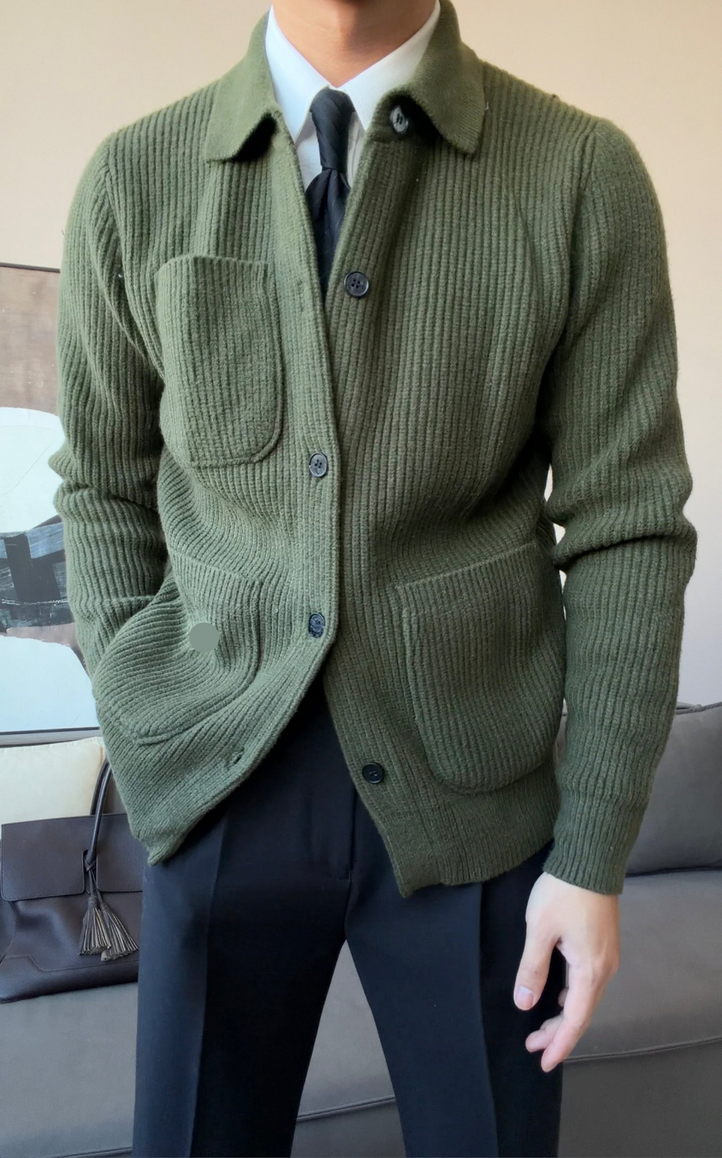 Men’s Thick Collared Knit Cardigan