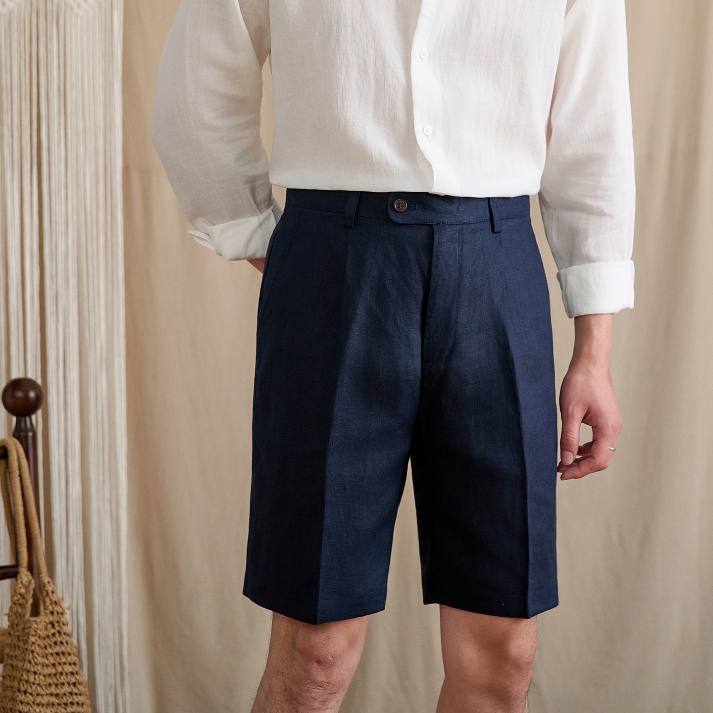 High-Waist Pleated Linen Shorts