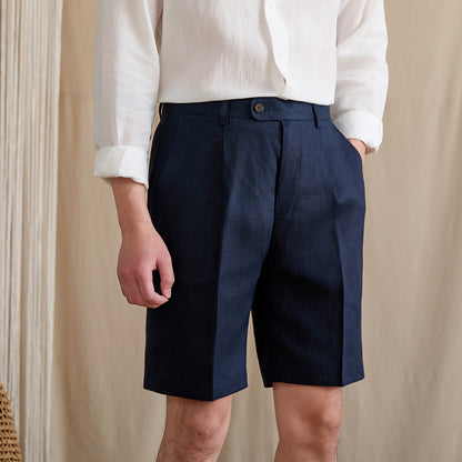 High-Waist Pleated Linen Shorts