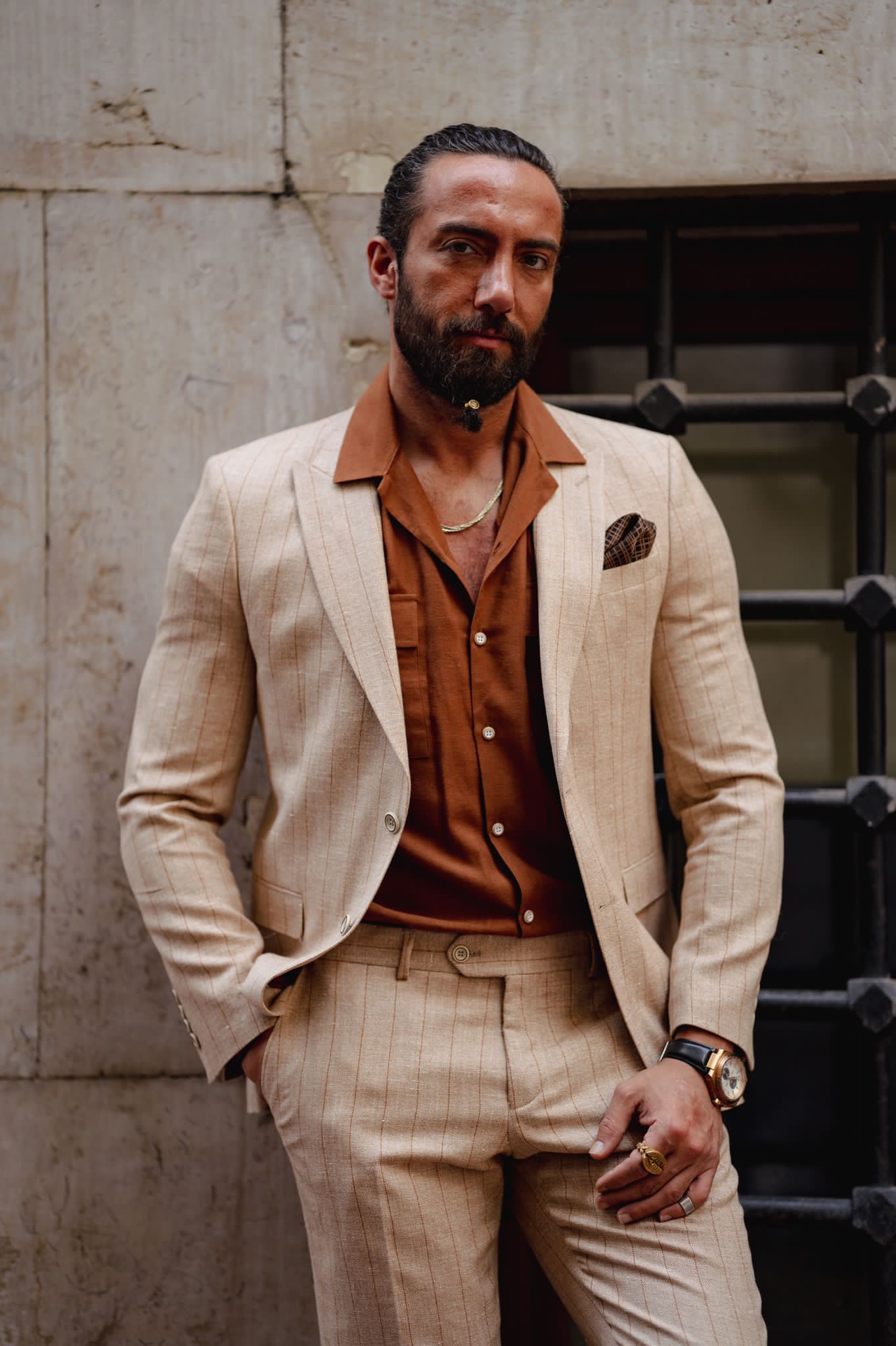 Evo Beige Slim Fit Pinstripe Suit