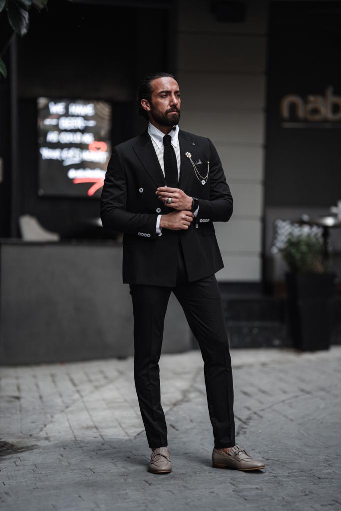 Evo Black Slim Fit Double Breasted Suit - Perfect for Any Occasion