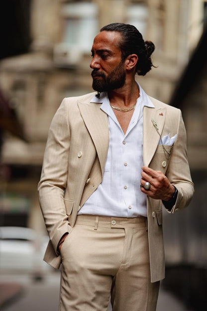 Evo Beige Slim Fit Double Breasted Pinstripe Suit