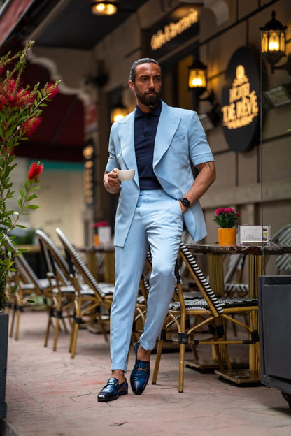 Evo Sky Blue Slim Fit Double Breasted Short Sleeve Suit