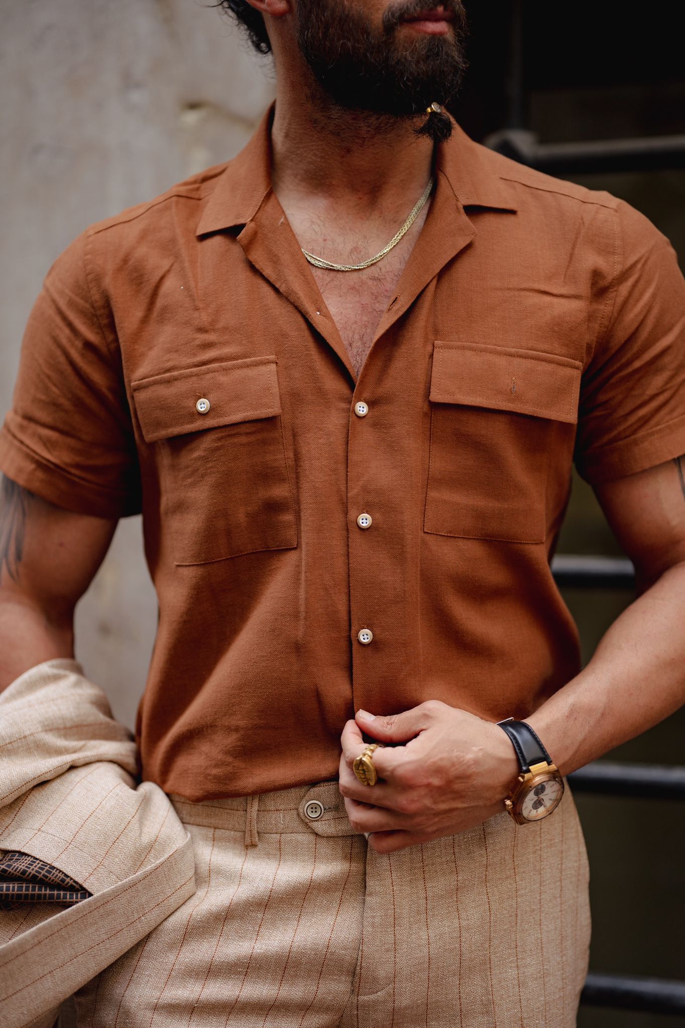 Brabion Evo Rust Brown Double Pocket Slim Fit Shirt