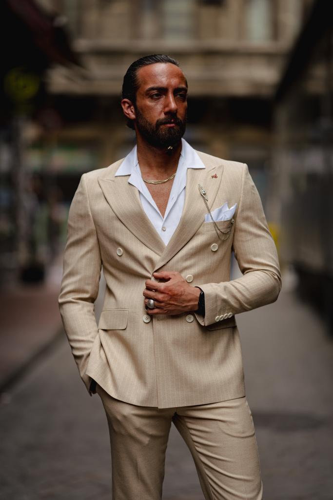Evo Beige Slim Fit Double Breasted Pinstripe Suit