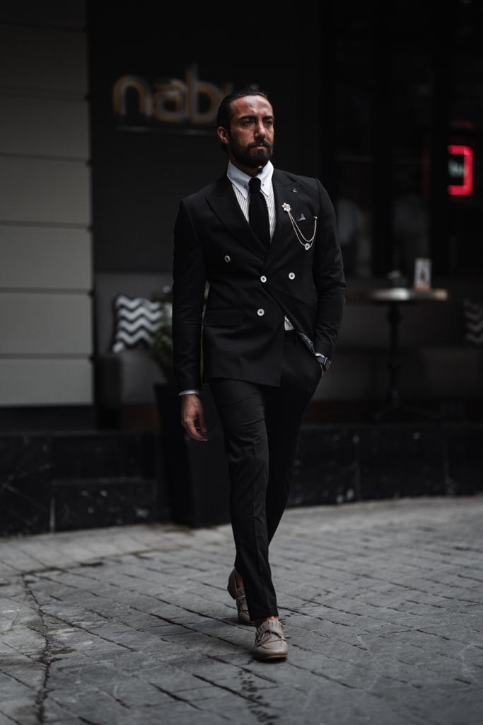 Evo Black Slim Fit Double Breasted Suit - Perfect for Any Occasion