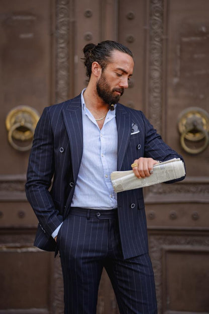 Evo Dark Blue Slim Fit Double Breasted Pinstripe Suit