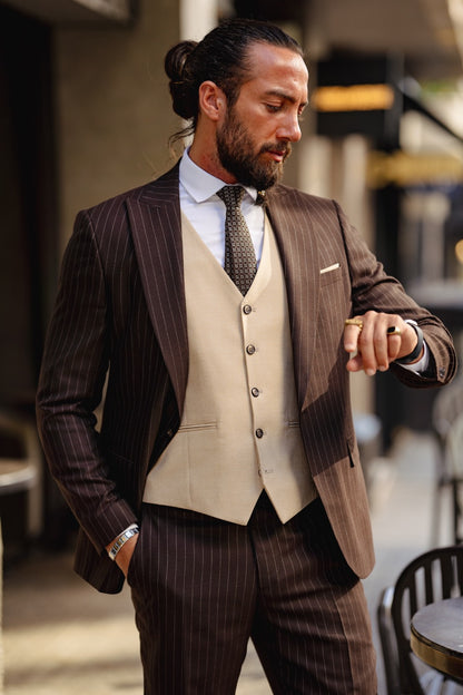 Vespo Beige & Brown Combination Suit - Slim-Fit Three-Piece Elegance