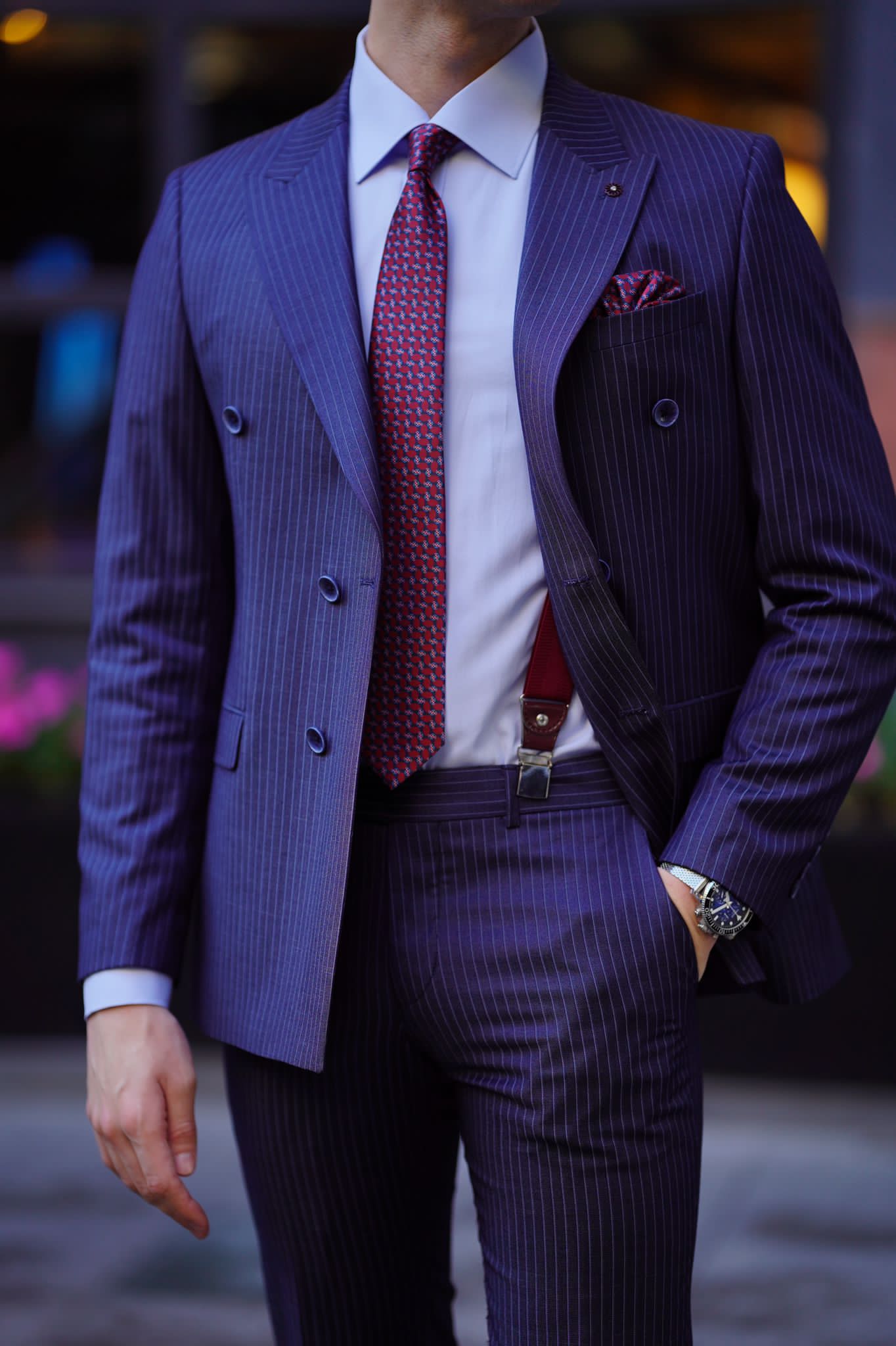 Vespo Pinstripe Navy Blue Double Breasted Suit for Modern Men