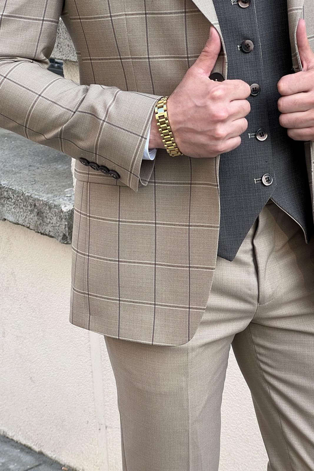 Daniel Patterned Beige Wool Suit - Slim-Fit 3-Piece Elegance